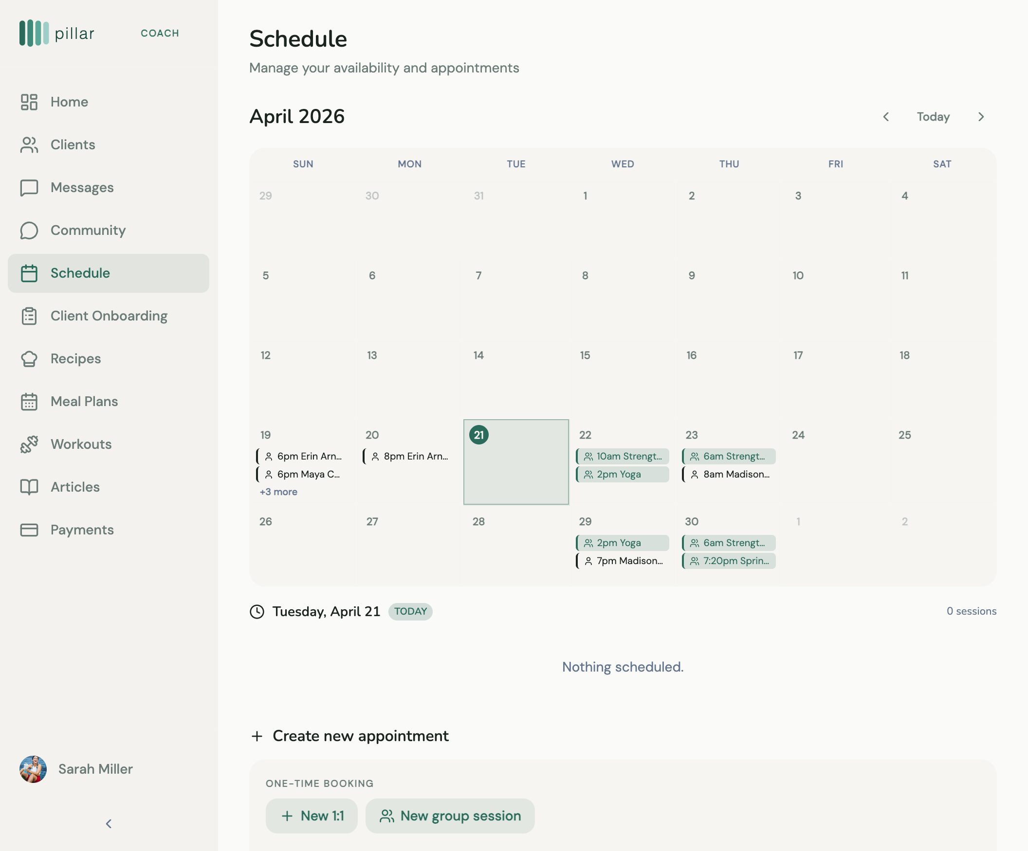 Schedule view with sessions across modes