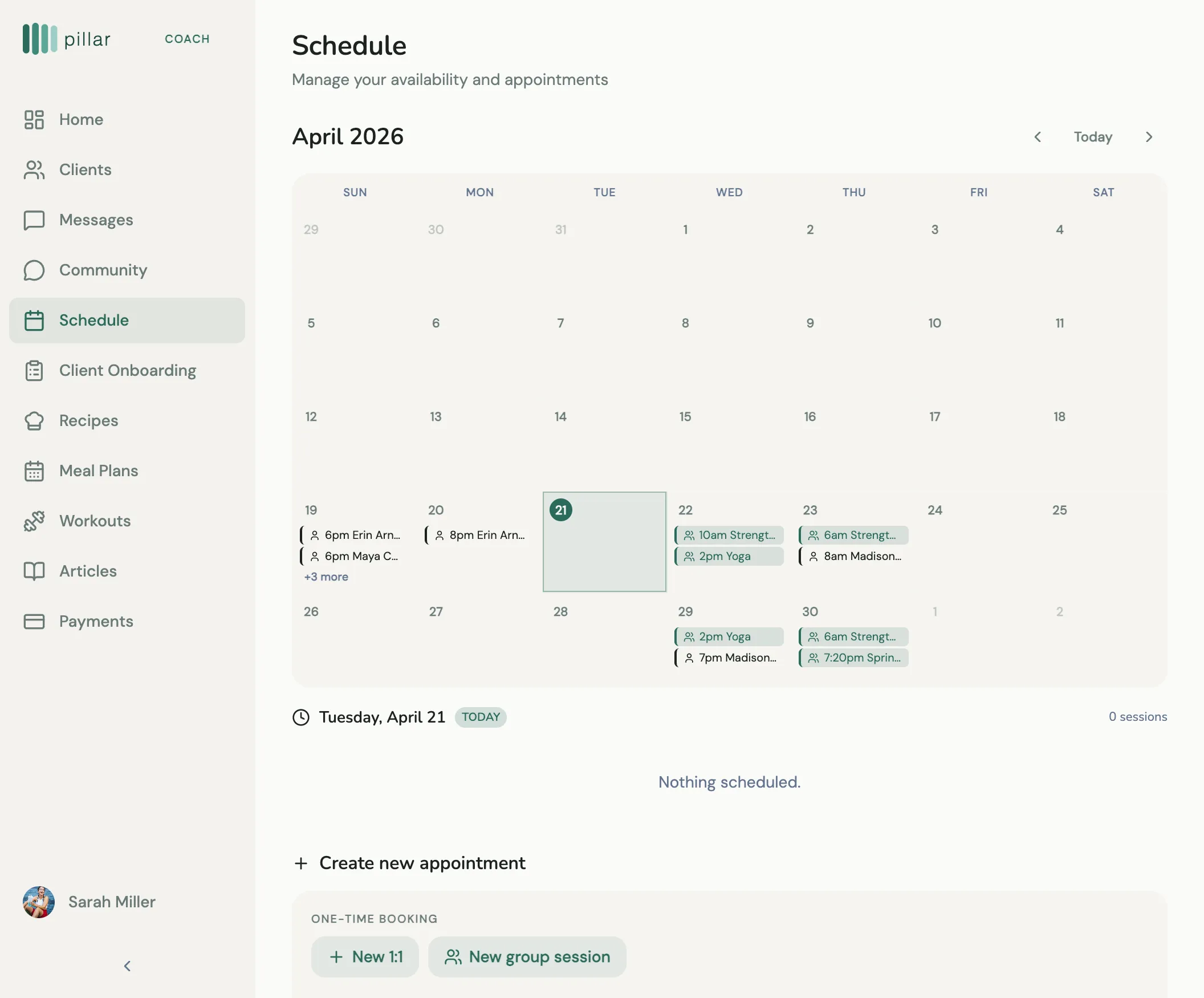 Schedule view with sessions across modes