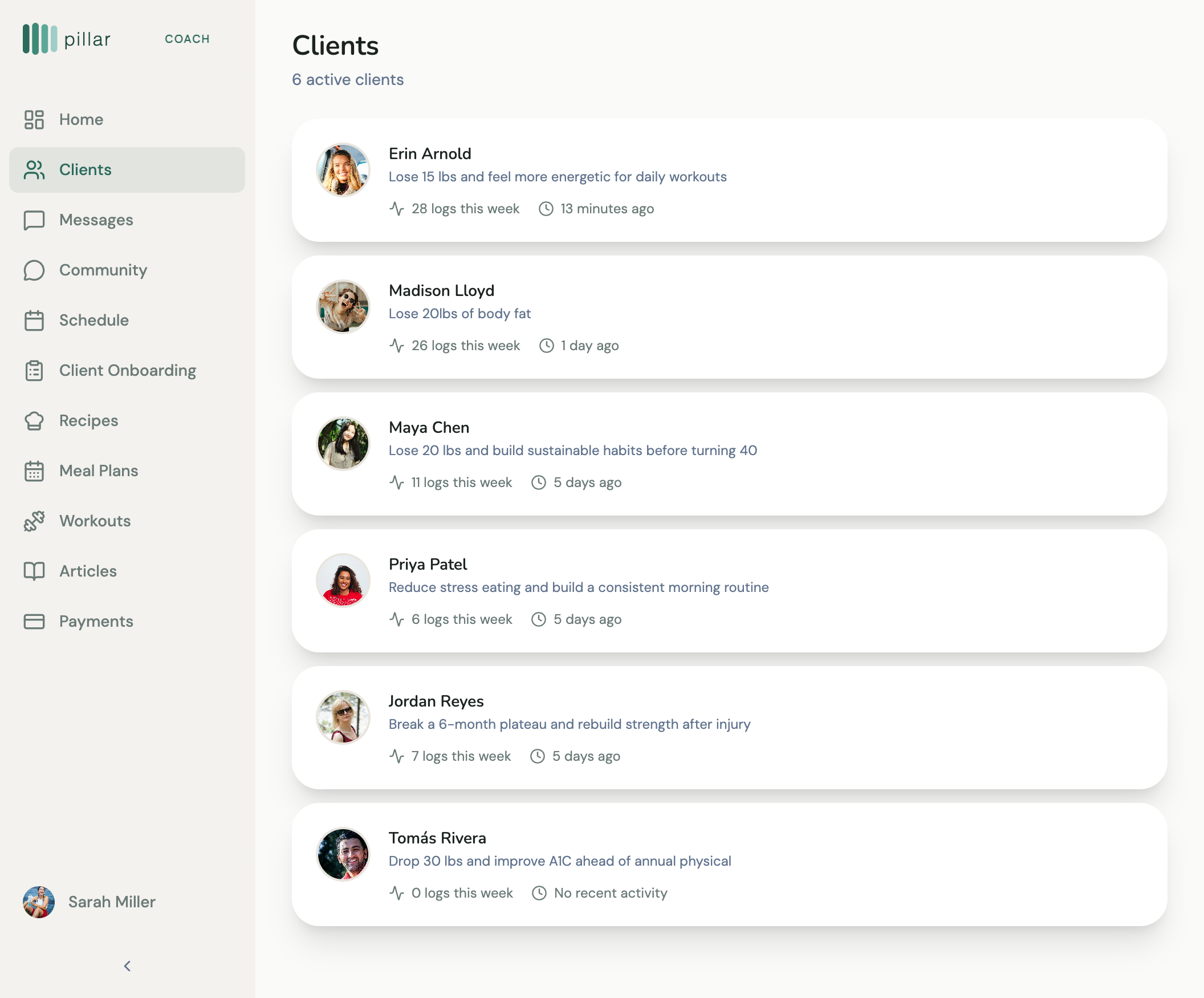 Clients list with pillar scores