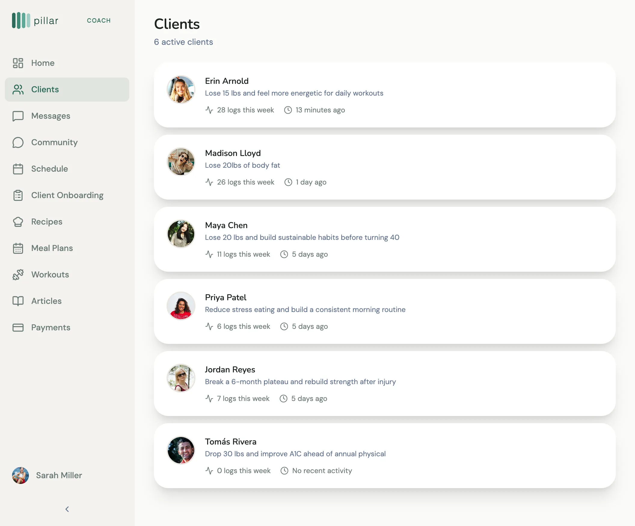 Clients list with pillar scores