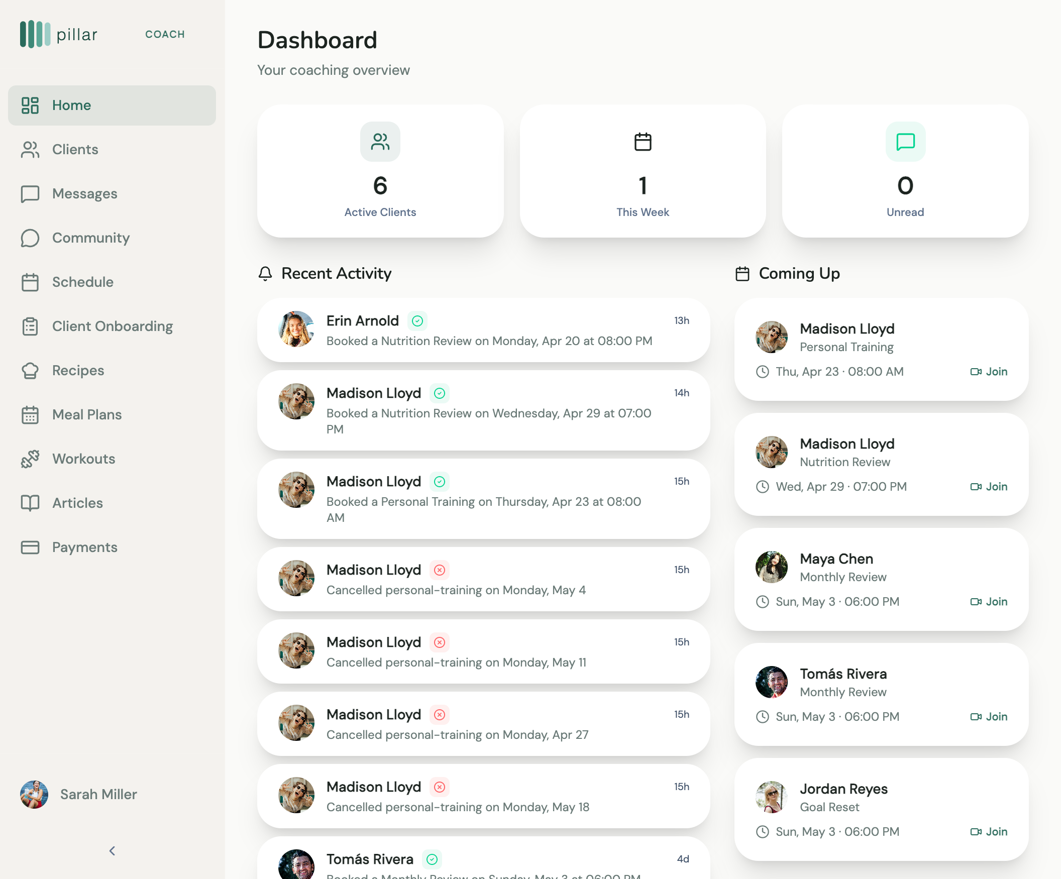 Coach dashboard — every client at a glance